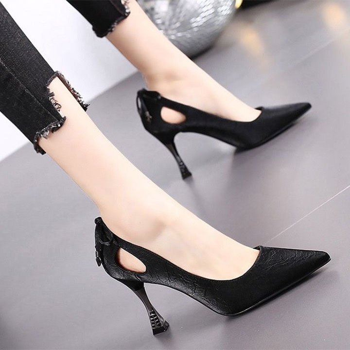 [HCM](Bảo hành 12 tháng) Giày cao gót nữ gót kim loại khoét eo đính nơ hậu cao cấp - Giày nữ gót cao 7cm - Giày bít mũi da mềm 3 màu Đen - Trắng - Vàng - Mall LN300