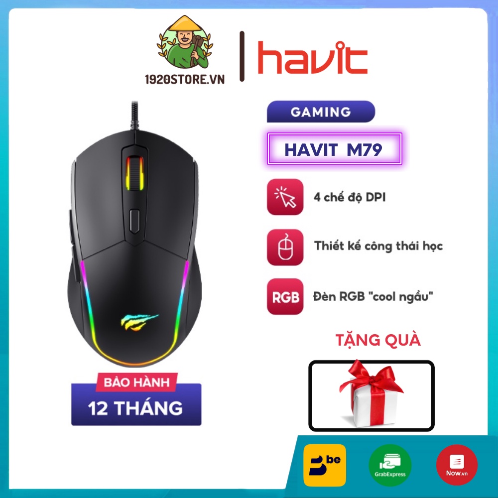 Chuột gaming havit m79, led rgb, 6 nút điều chỉnh + 4 chế độ dpi, 5tr lần click - chính hãng bh 12 tháng