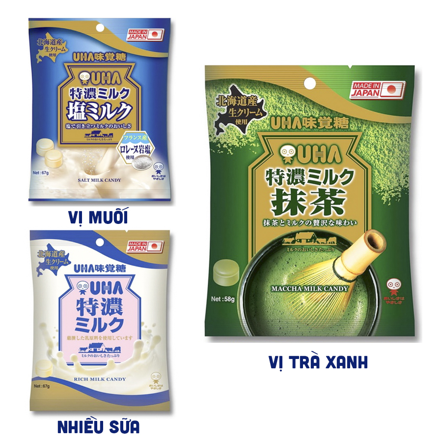 Kẹo sữa trà xanh và sữa muối UHA nội địa Nhật