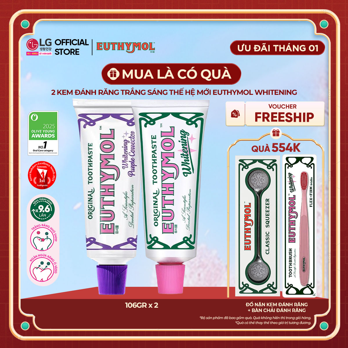 [LG Daily Beauty] Combo 2 Kem đánh răng Euthymol Trắng sáng thế hệ mới 106g