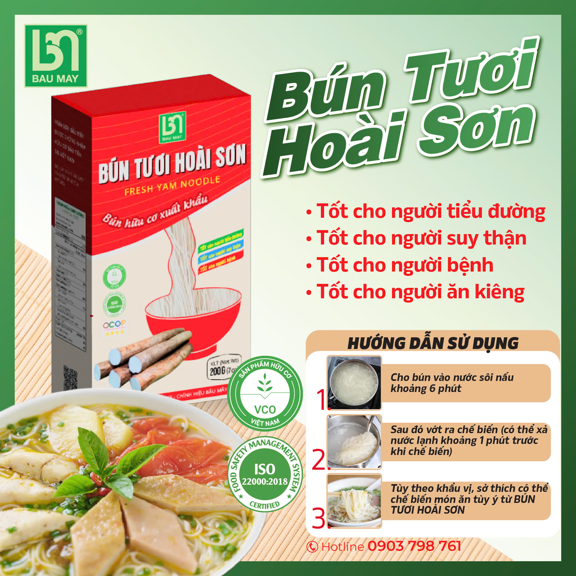 Bún Tươi Hoài Sơn Bầu Mây Hộp 200g – Bún Sạch Từ Hoài Sơn Vùng Trồng Đạt GLOBALG.A.P.