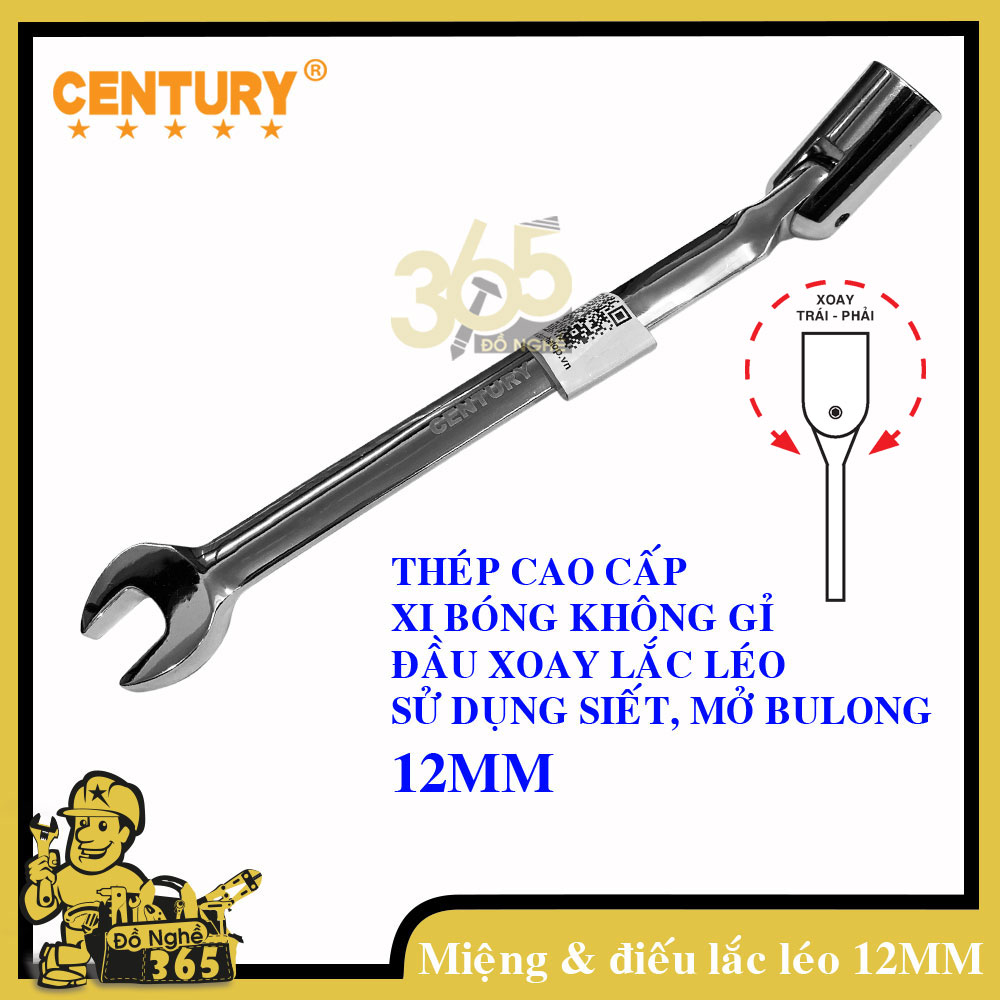 Cờ lê miệng và điếu lắc léo 12mm Century - , cờ lê và điếu lỗ, vòng miệng và điếu lắc léo, đầu điếu lắc léo có thể vặn ở nhiều gốc độ khác nhau