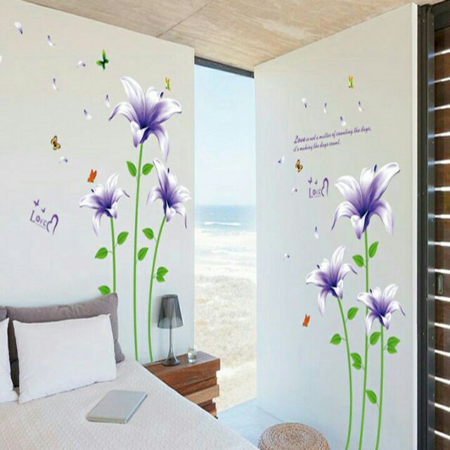 Decal dán tường hoa ly tím nở xinh tranh dán tường 3D hoa ly trang trí phòng khách,phòng ngủ