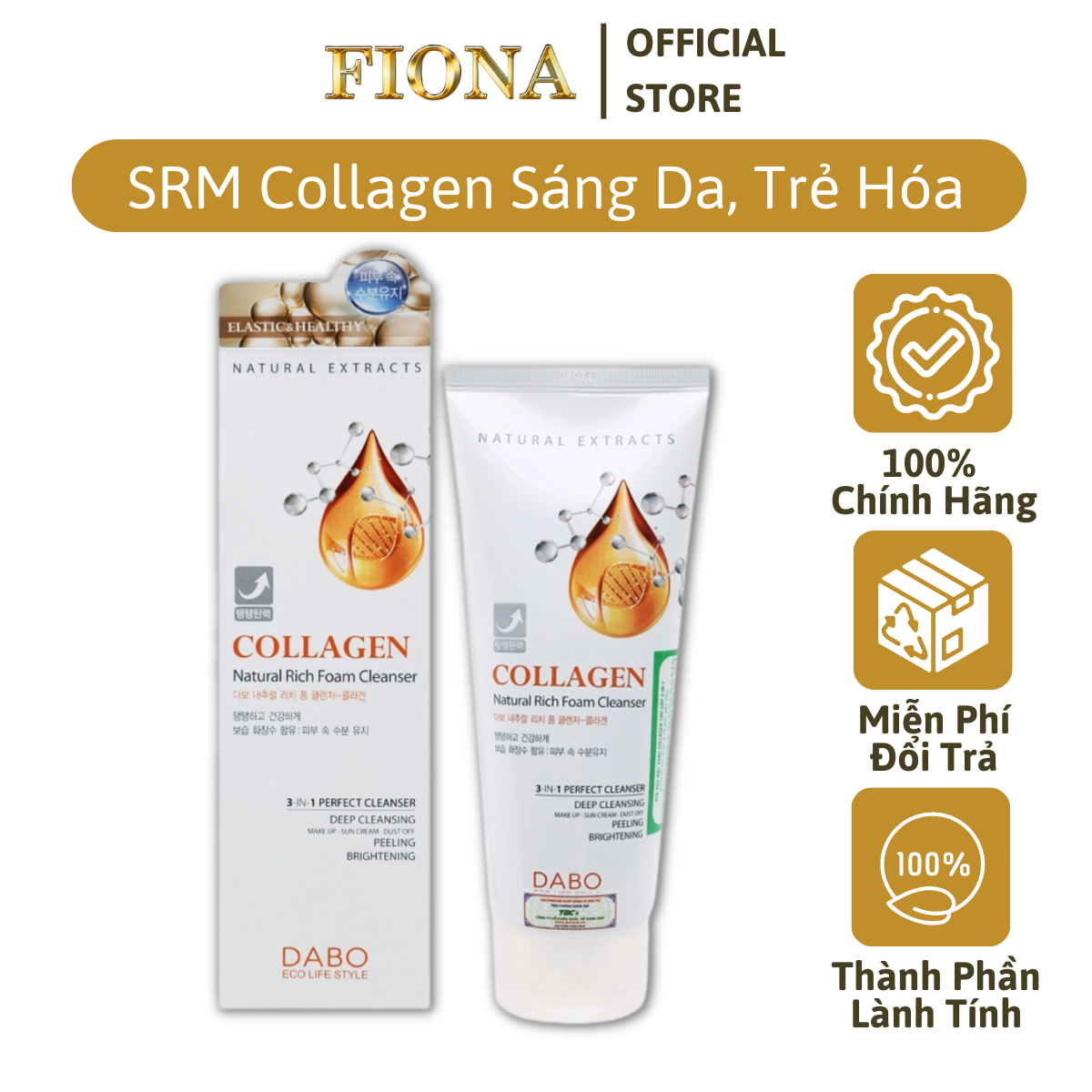 Sữa rửa mặt Collagen 3in1 Dabo Cho Da Trắng Mịn Cao Cấp Hàn Quốc  Natural Rich Foam Cleanser 180ml