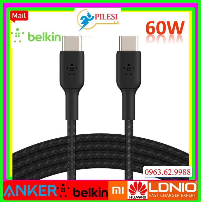 ✅ dây cáp sạc nylon type c to c 1m belkin sạc nhanh 60w cab004 thương hiệu mỹ hàng tray không box