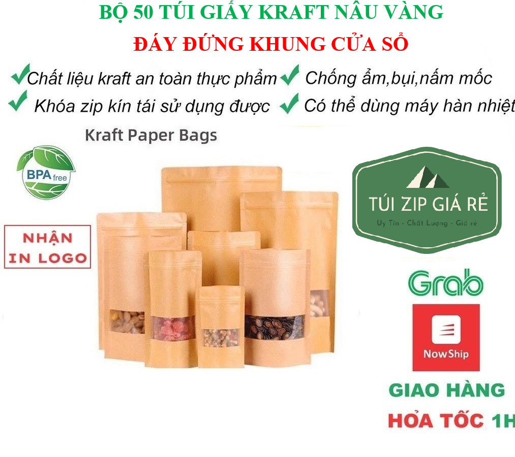 Túi Zip đựng thực phẩm Set 50 túi giấy Kraft đáy đứng có cửa sổ vàng túi đựng thực phẩm nhiều size tiện lợi