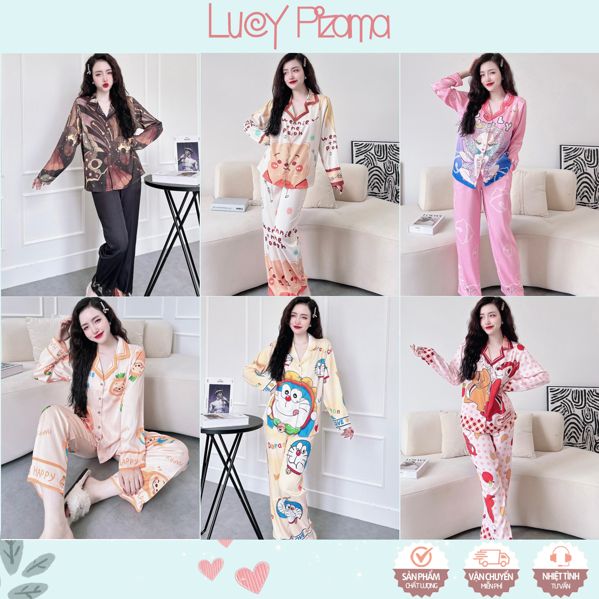 Bộ pizama mặc nhà tay dài quần dài lụa xước ánh kim in 5D mềm mát - Lucy Pizama