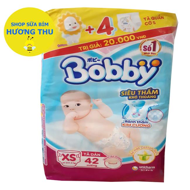 Tã Dán Bobby Size XS 42 miếng dành cho bé sơ sinh đến 5 kg, Rãnh thấm Kim Cương, tặng kèm 4 miếng tã quần cỡ S