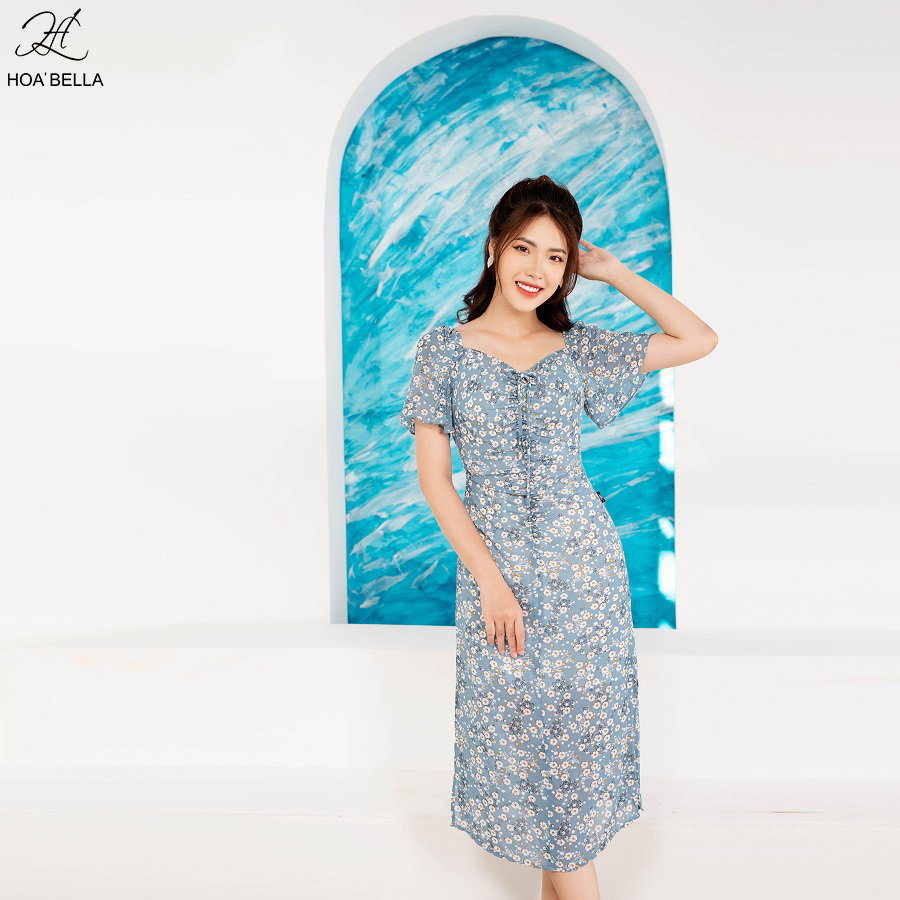 Đầm nữ hoabella nhún ngực hoa nhí chất liệu voan lụa