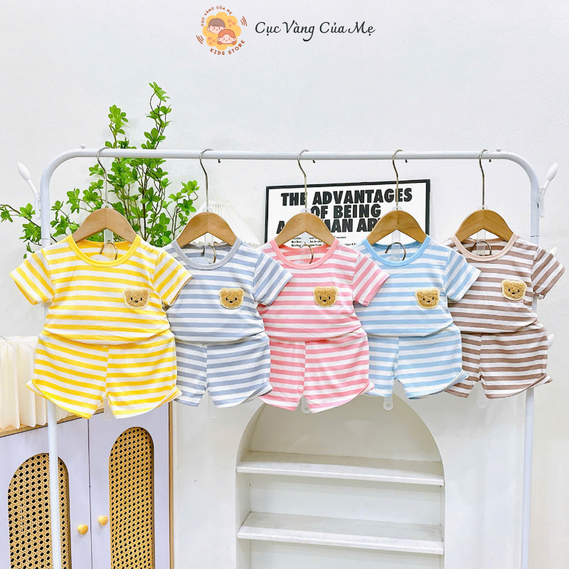 Bộ Cộc Tay Thun Lạnh Sọc Gấu Cho Bé, Bộ Ngắn Tay Thun Lạnh Sọc Gấu Cho Bé Trai Và Bé Gái Từ 13kg Đến 22kg [070]