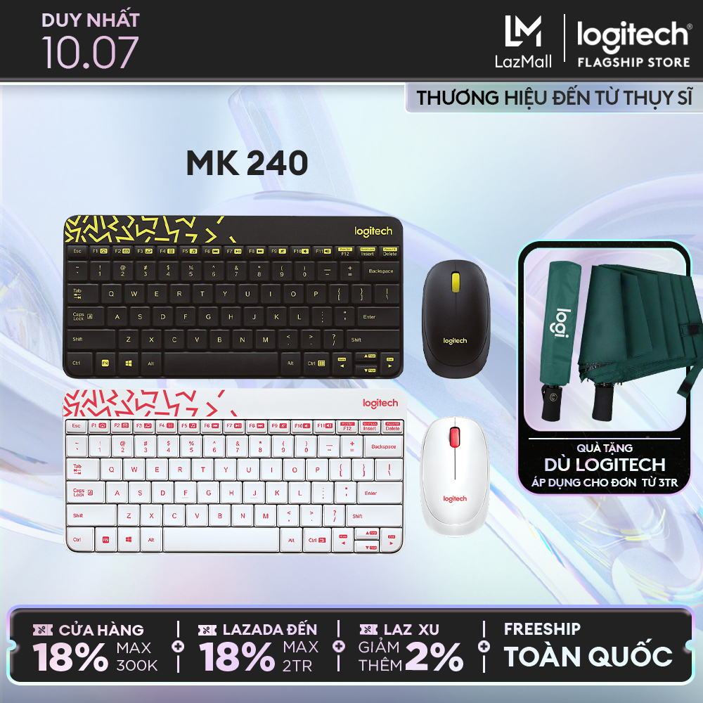 Combo chuột phím không dây Logitech MK240 - nhỏ gọn, 1 đầu thu USB, không dây 10m, pin lâu vượt trội