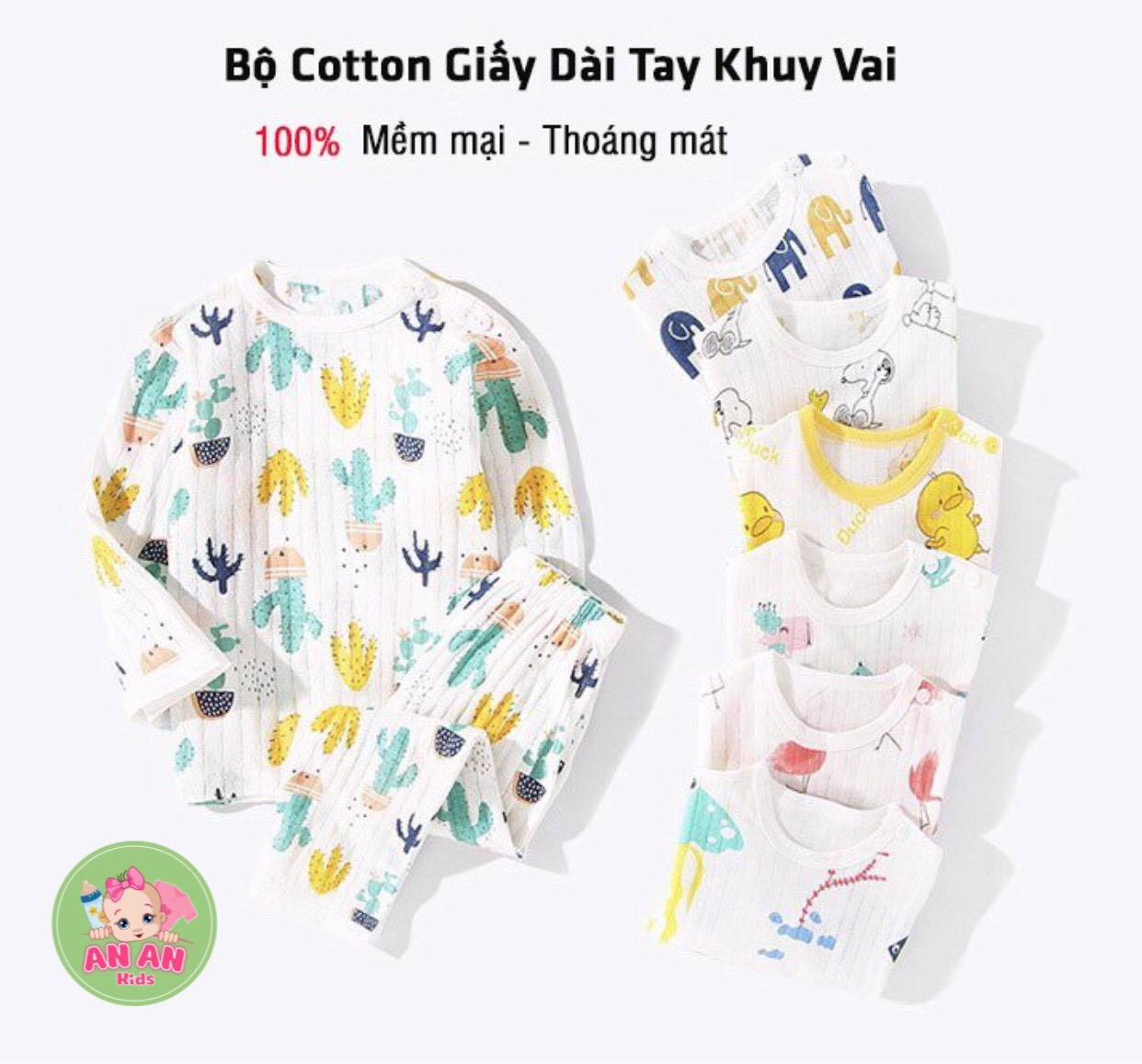 Combo 5 bộ cotton giấy dài tay khuy vai cho bé từ 4-14kg