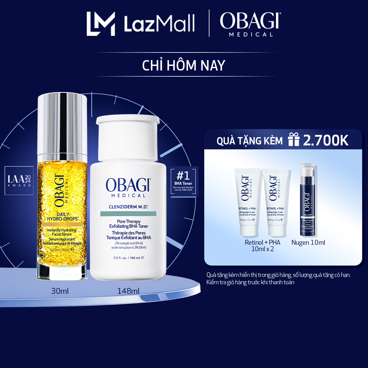 Bộ đôi dưỡng da Toner BHA làm sạch mụn và tẩy tế bào chết Obagi Medical Clenziderm M.D 148ml và Serum Cấp Nước Dưỡng Ẩm  Phục Hồi Da Obagi Daily Hydro-Drops 30ml