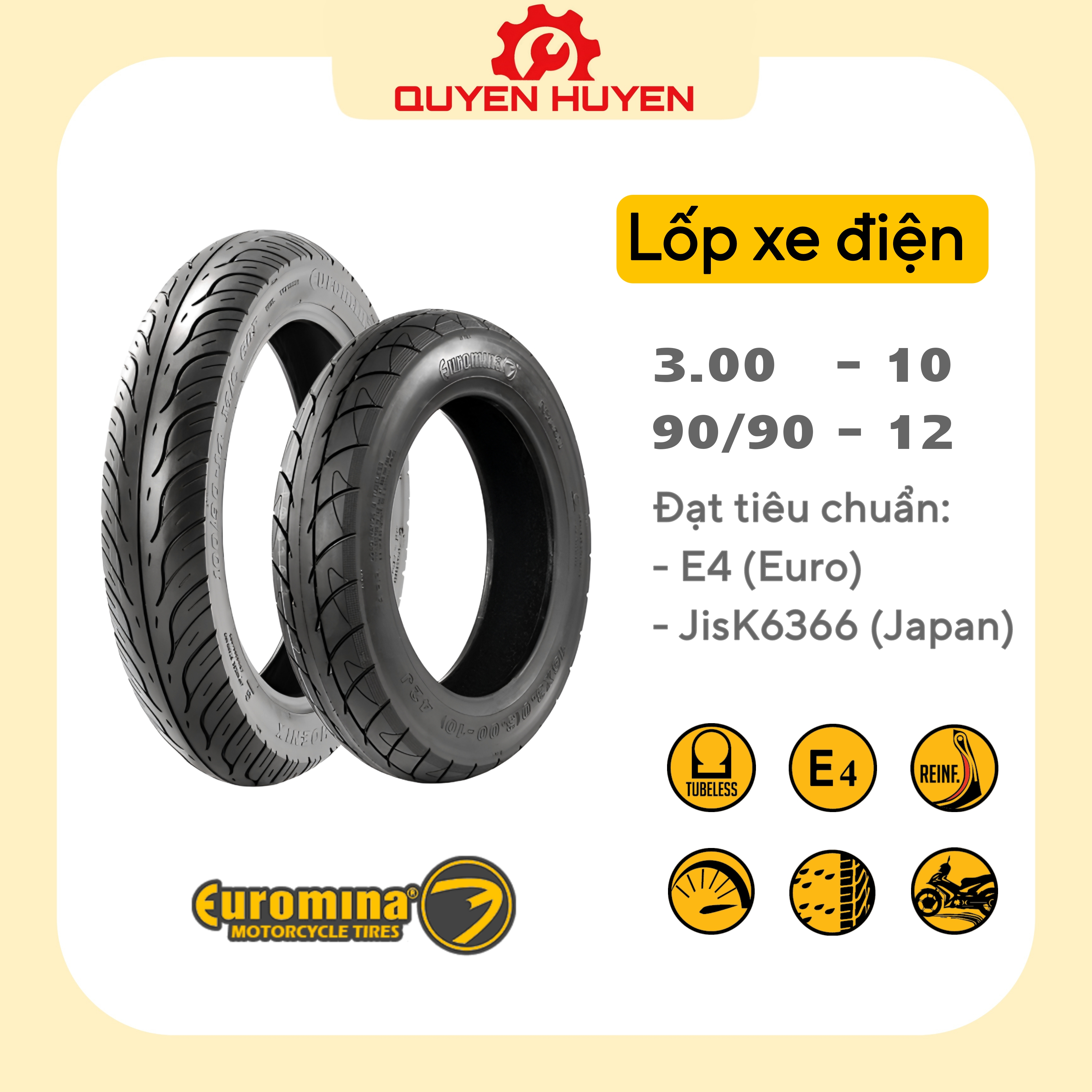 Lốp không săm xe điện - chất lượng cao - lốp xe máy điện euromina - 90/90-12, 3.00-10