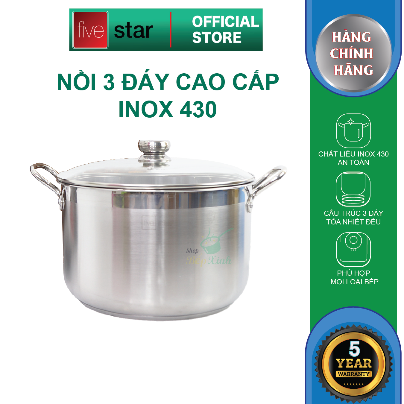 Nồi luộc gà inox 3 đáy inox 430 cao cấp FiveStar Standard dùng bếp từ nắp kính ( 26cm / 28cm / 30cm / 32cm )