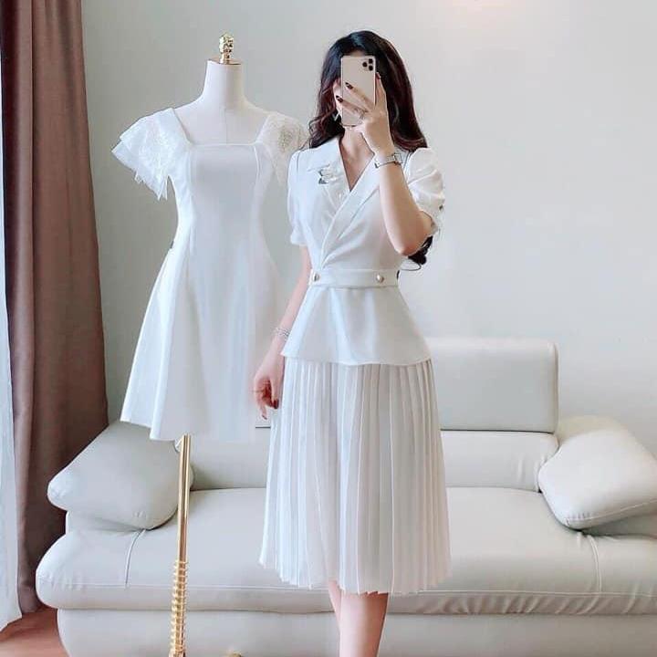 Váy xòe trắng cổ vest chân váy xếp ly cao cấp -