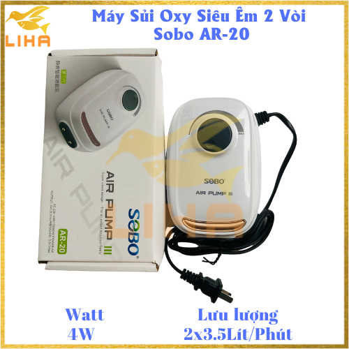 Máy Sủi Oxy 2 Vòi Sobo AR-20 (4W-2x3.5Lít/Phút) - Máy Oxi Siêu Êm Cho Bể Cá