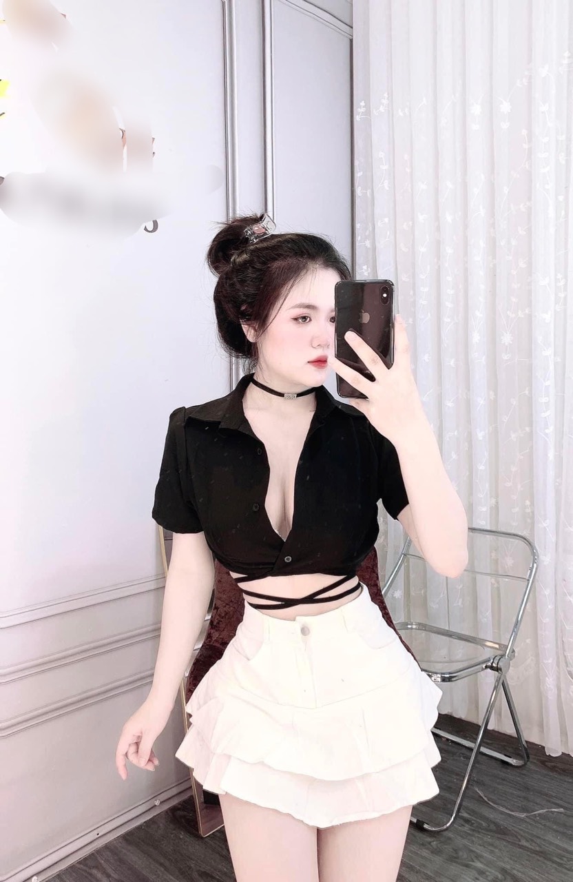 Áo sơ mi nữ croptop tay ngắn dây dài đan chéo eo khoe vòng 2 - áo sơ mi nữ kiểu đẹp đi chơi
