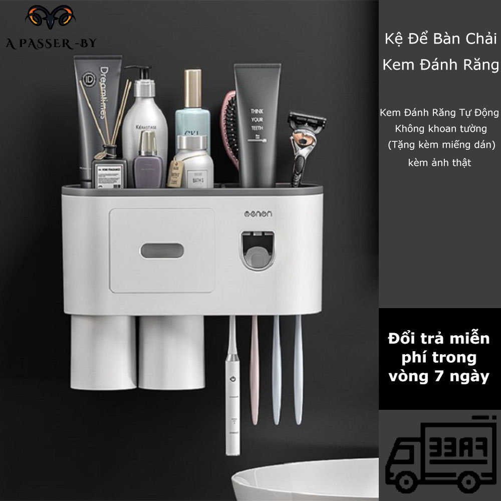 Kệ để bàn chải kem đánh răng bộ gồm nhả kem đánh răng tự động, giá treo bàn chải đánh răng & kệ phòng tắm dán tường kèm cốc nhựa abs cao cấp