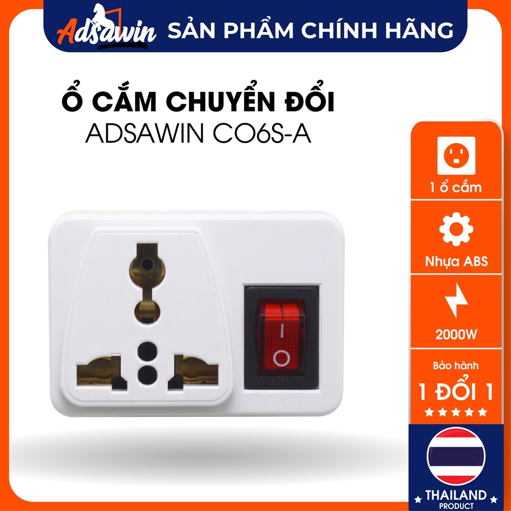 CHÍNH HÃNG -Phích cắm (Ổ cắm) TOSHINO CO6S-A THAILAND chuyển đổi 3 chấu sang 2 chấucông tắc tiện lợi2000WABS.