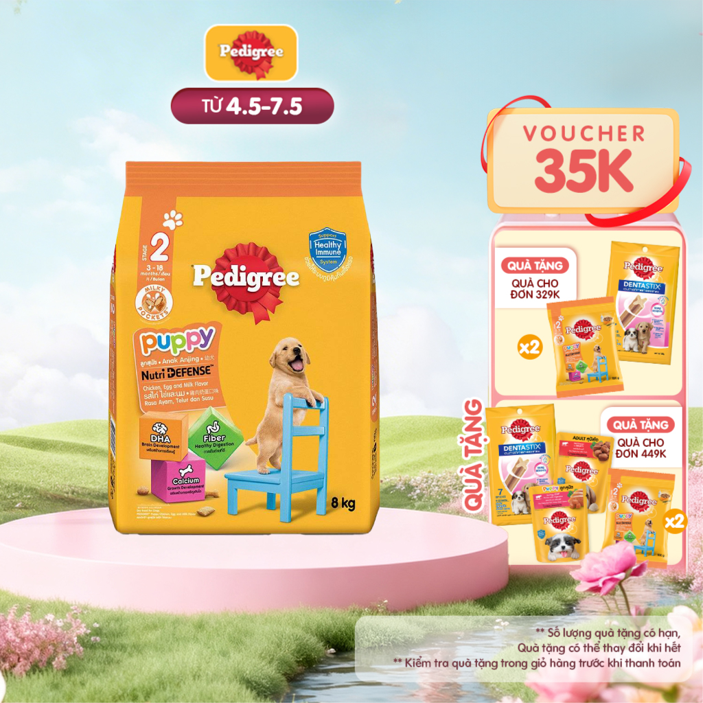 Thức Ăn Dạng Hạt Khô Cho Chó Con PEDIGREE NutriDefense Vị Gà, Trứng, Sữa 8Kg - Phát Triển  Tăng Trưởng Não Bộ cho Chó Con