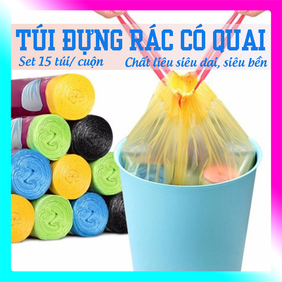 Túi đựng rác set 3 cuộn túi đựng rác tự phân hủy có dây rút tiện dụng, chất liệu pe