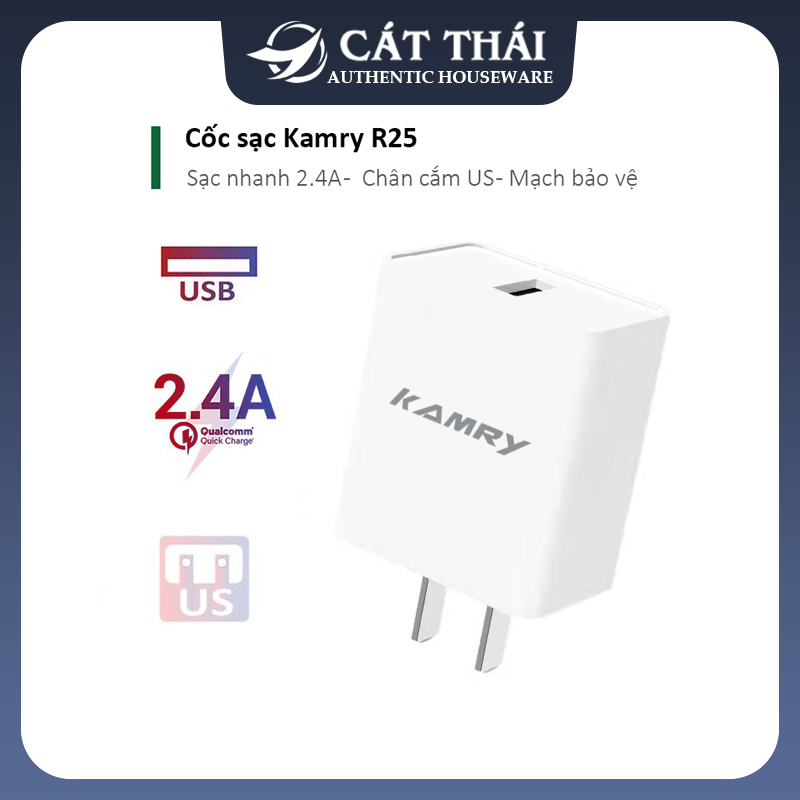 Cốc sạc nhanh 2.4A cổng USB R25 nhựa ABS mạch bảo vệ chống cháy nổ an toàn ổn định chân dẹt chuẩn US phù hợp Androi IOS