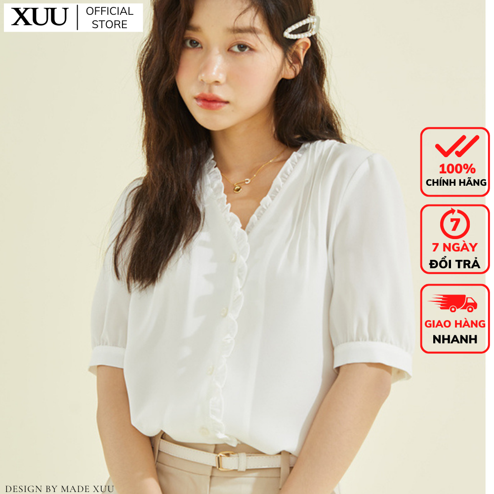 Áo sơ mi trắng nữ thời trang Xuu Design áo kiểu nữ tay lỡ, cổ V phối vạt bèo thanh lịch - SP42