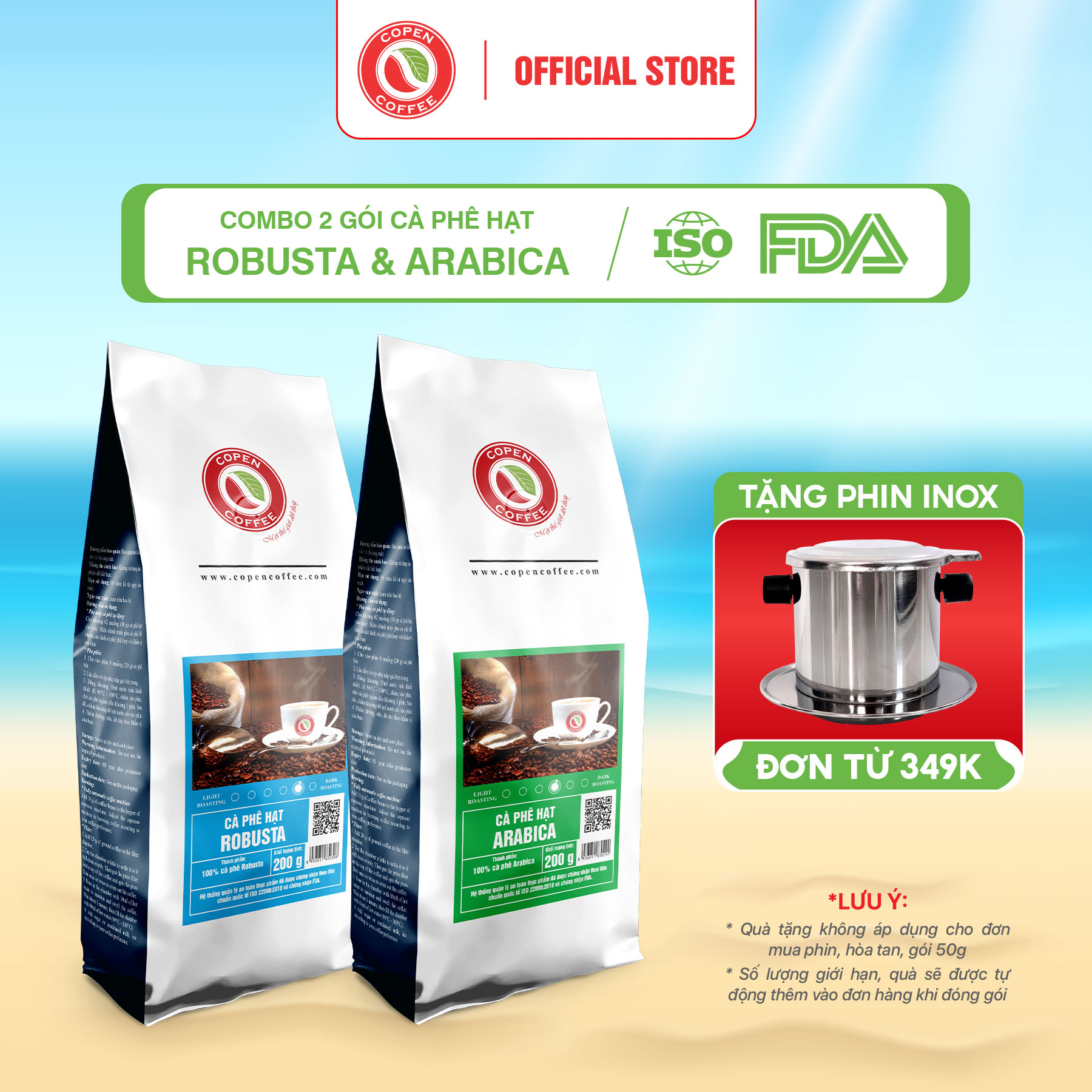 COMBO 2 GÓI Cà phê hạt Arabica và Robusta rang mộc Copen Coffee - pha espresso, pha phin truyền thống - 200g/ Gói