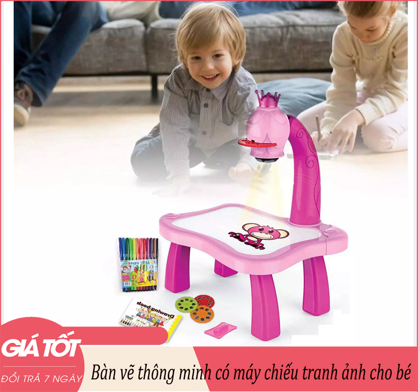 Bàn vẽ thông minh có máy chiếu tranh ảnh cho bé có kèm Sổ vẽ, túi bút viết các mầu, Bút tập tô vẽ, Giúp bé phát triển trí tuệ có nhạc 24 hình