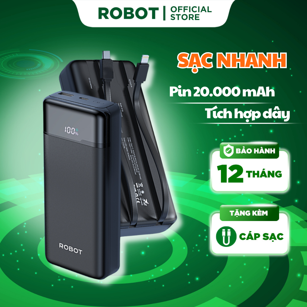 Pin dự phòng ROBOT RT25 [Bản nâng cấp của RT23] dung lượng cao 20000mAh cục sạc led hiển thị pin nhỏ