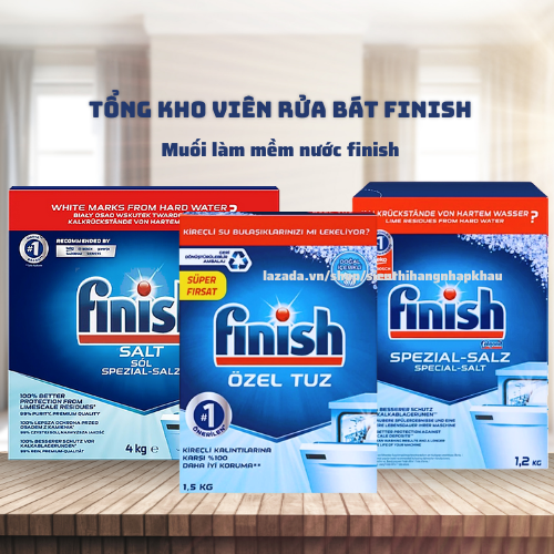 Muối rửa bát Finish 4kg 2kg 1,5 1kg làm mềm nước loại bỏ cặn vôi chuyên dùng cho máy rửa  chén bát, viên bóng bột Finish
