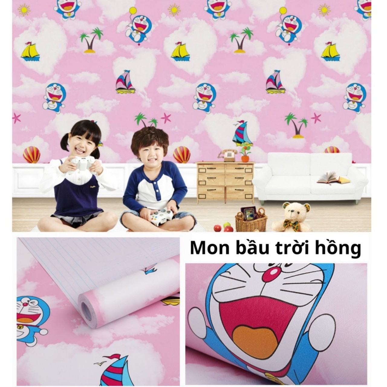 10m giấy dán tường hình đôremon khí cầu hồng ( cuộn dài 10m, khổ rộng 45cm, giâys có keo sẵn)