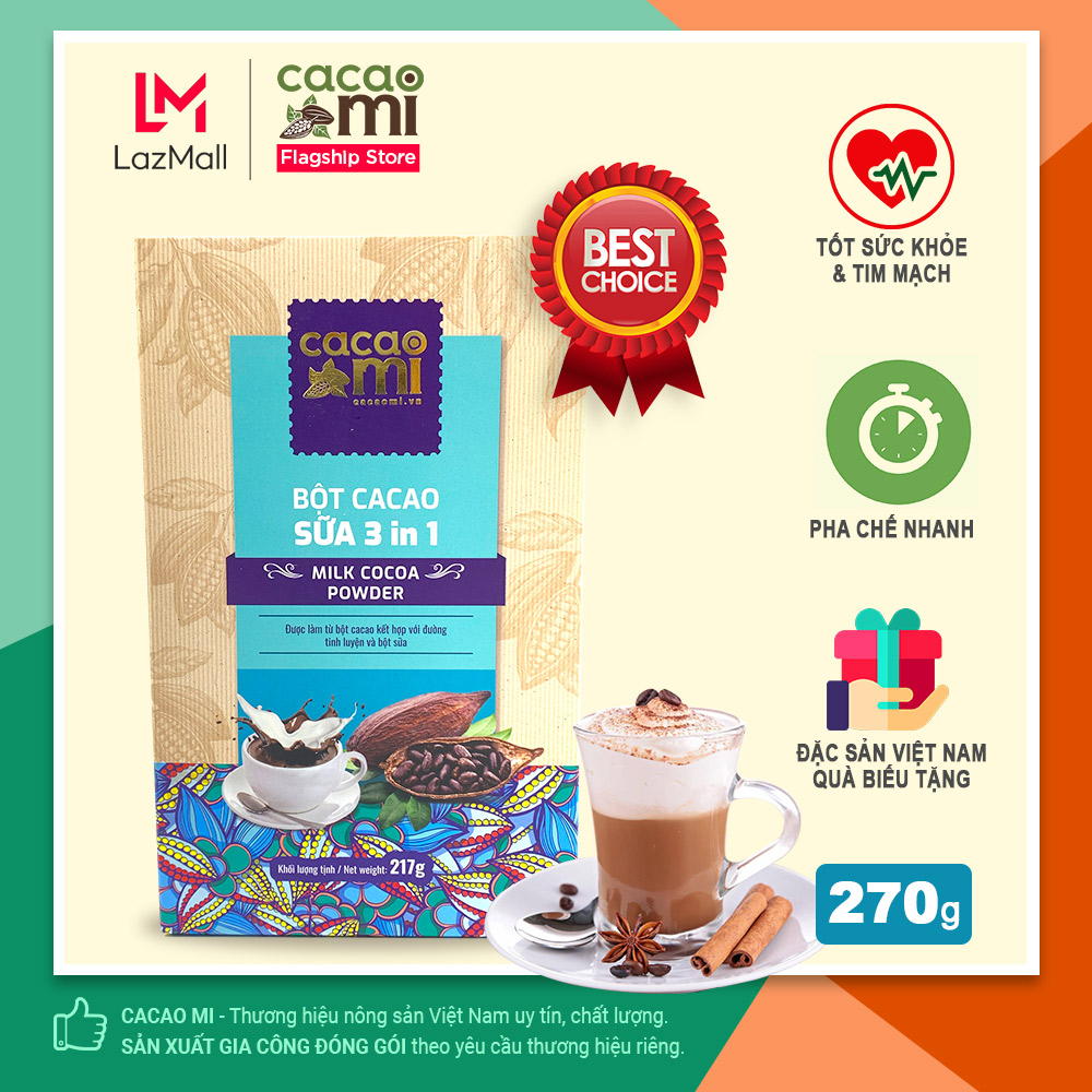 Bột cacao sữa hoà tan CACAOMI thơm đậm vị chocolate dùng pha chế trà sữa, socola nóng, milo dầm hộp 217g
