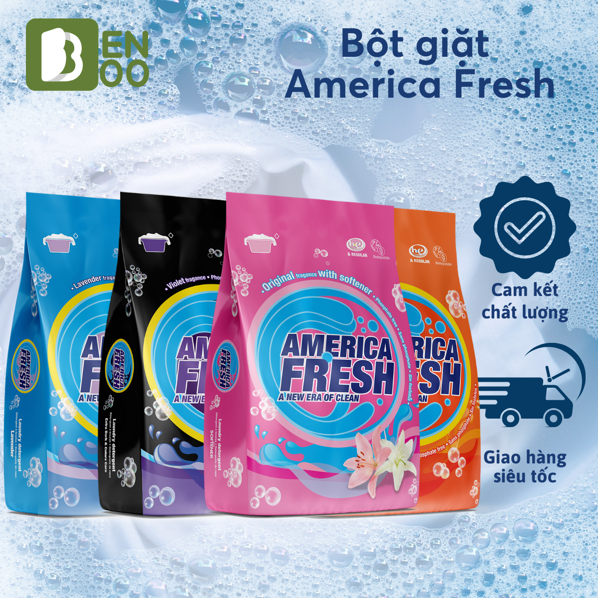 Bột giặt quần áo America Fresh 1kg Loại bỏ vết bẩn hiệu quả, ngăn ngừa phai màu quần áo