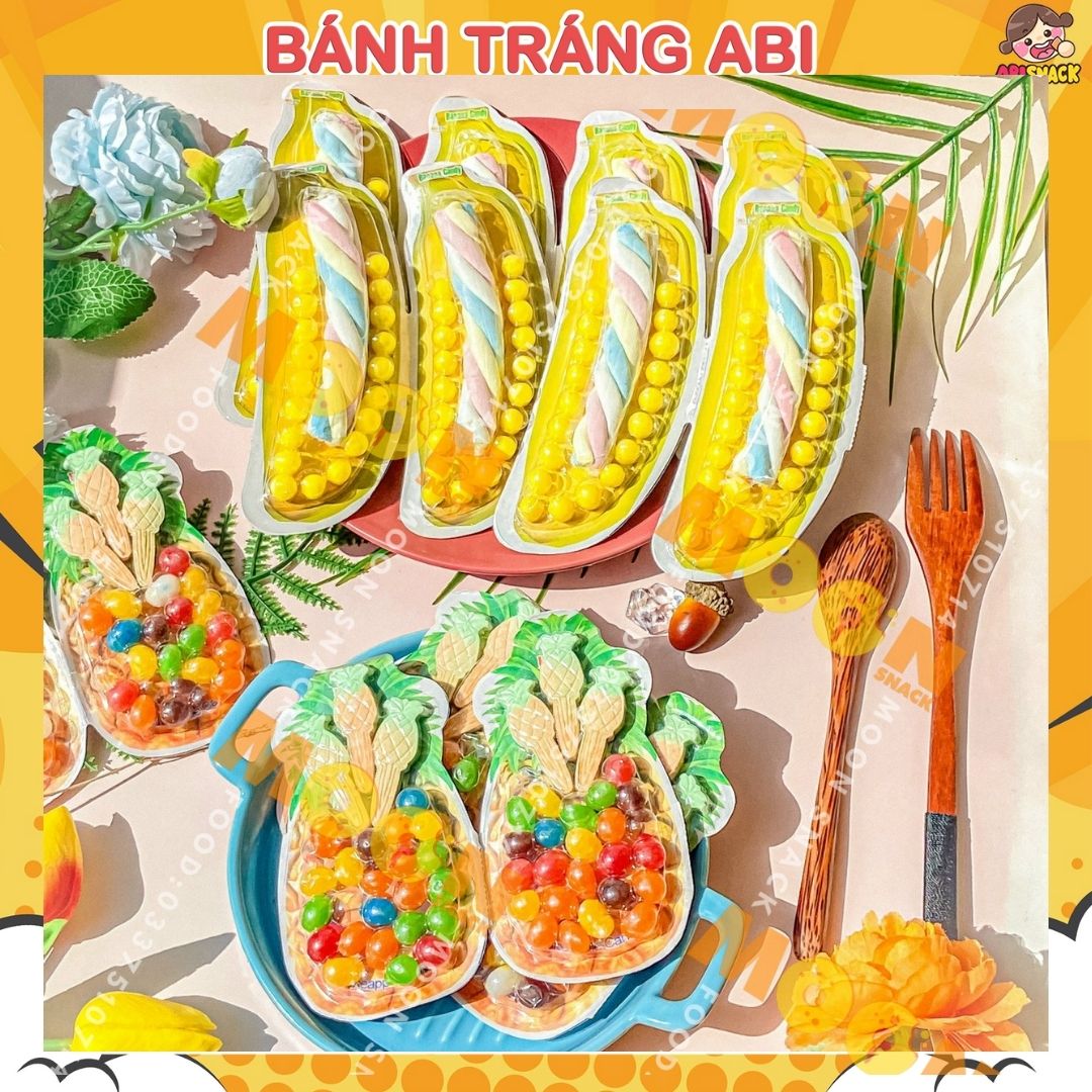 Vĩ 2 set kẹo cứng viên và dẻo mềm hình chuối/ thơm siêu ngộ nghĩnh bánh kẹo Moon Snack Food