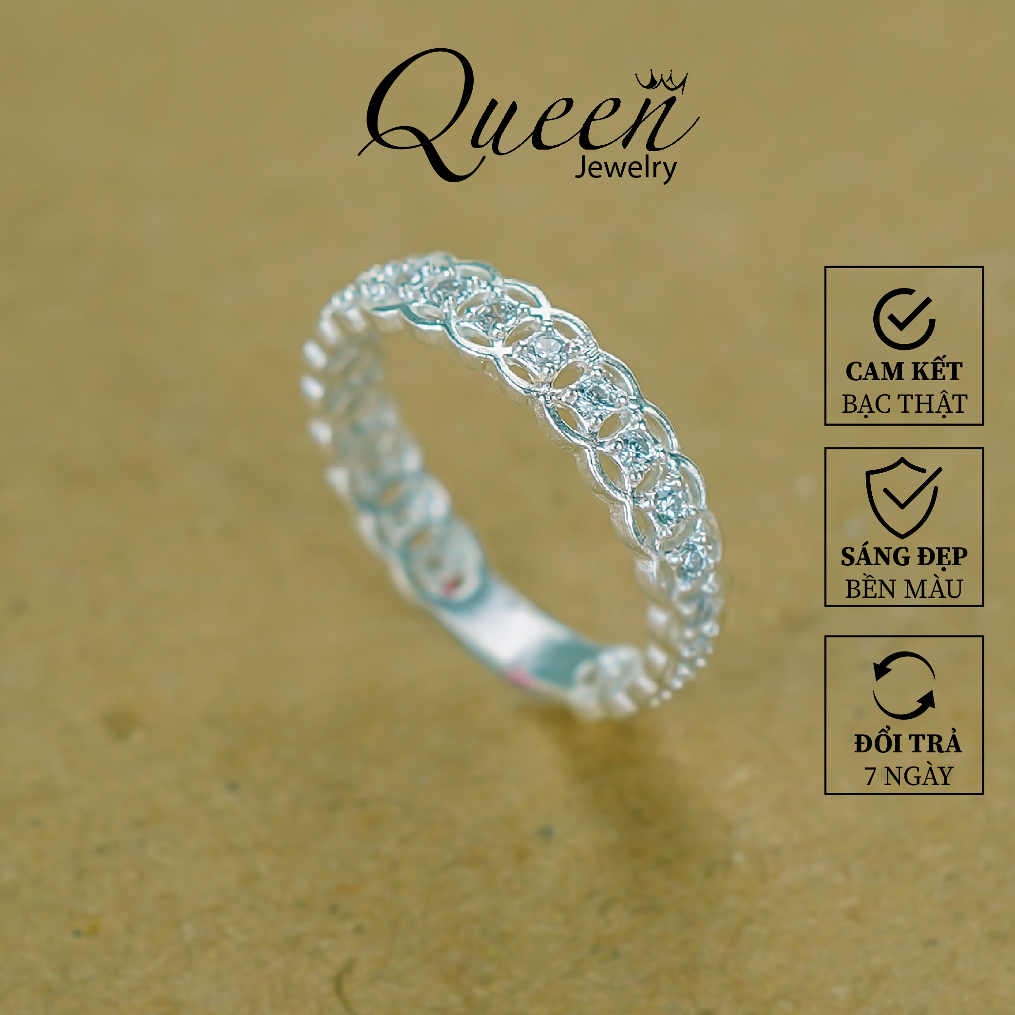 Nhẫn nữ kim tiền bạc ta nhẫn đính đá Queen Jewelry cam kết bạc thật