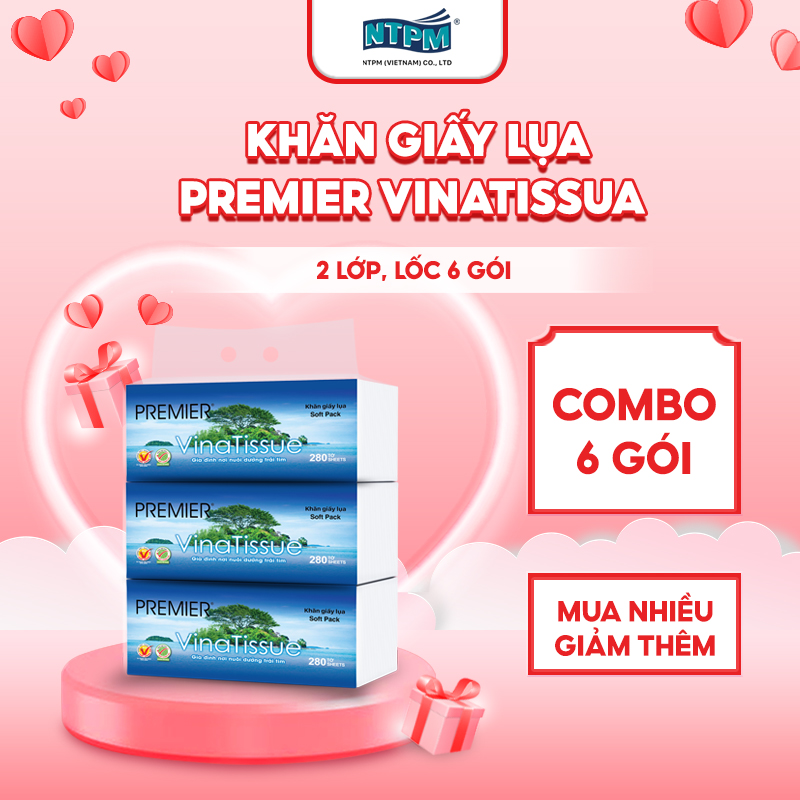 [MUA 5 TẶNG 1] Khăn giấy lụa, khăn đa năng Premier Vinatissue 2 lớp 100% bột giấy nguyên sinh, không chất tẩy 280 tờ