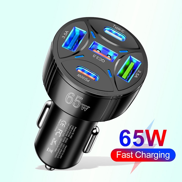Tẩu Sạc Ô Tô Sạc Nhanh Quick Charge 65W 3.0 Có 4 Cổng Sạc Đèn Led Sáng Đẹp Thông Minh Bảo Vệ An Toàn tẩu sạc nhanh trên ô tô cho điện thoại cốc sạc xe hơi tẩu sạc xe máy tẩu sạc oto cho anker xiaomi iphone samsung