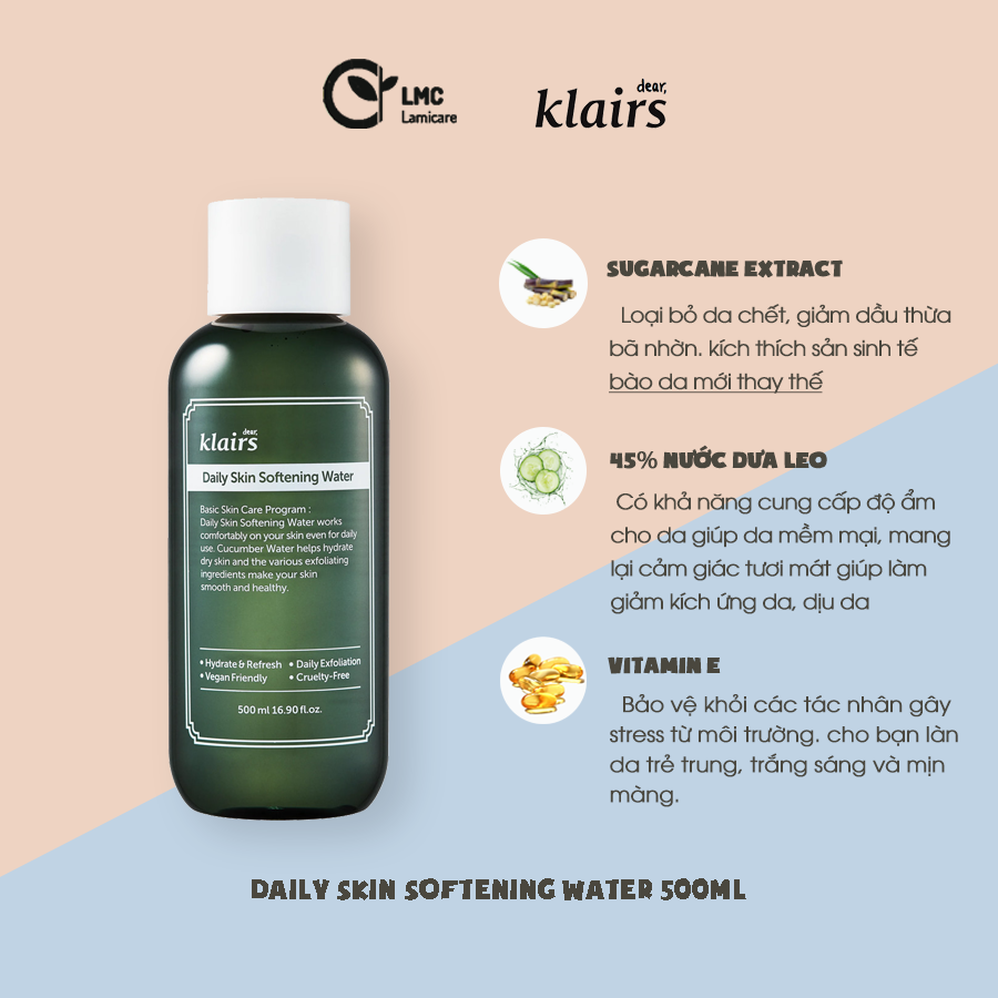 Nước cân bằng Klairs tẩy da chết làm mềm da daily skin softening water 500ml
