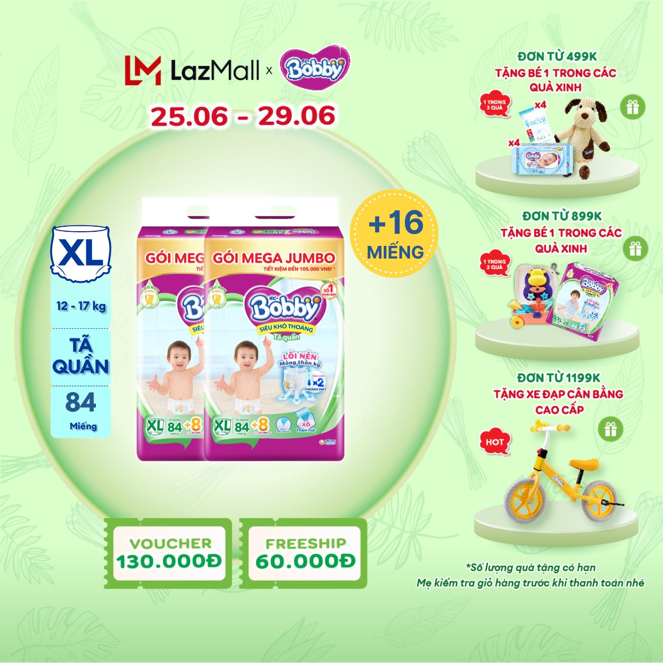 [TỪ 25.6-29.6 QUÀ TẶNG ĐH 499K] [TẶNG THÊM 16 MIẾNG] Combo 2 Tã/bỉm quần Bobby 3mm Mega Jumbo Gạo non Giảm nhiệt XL84