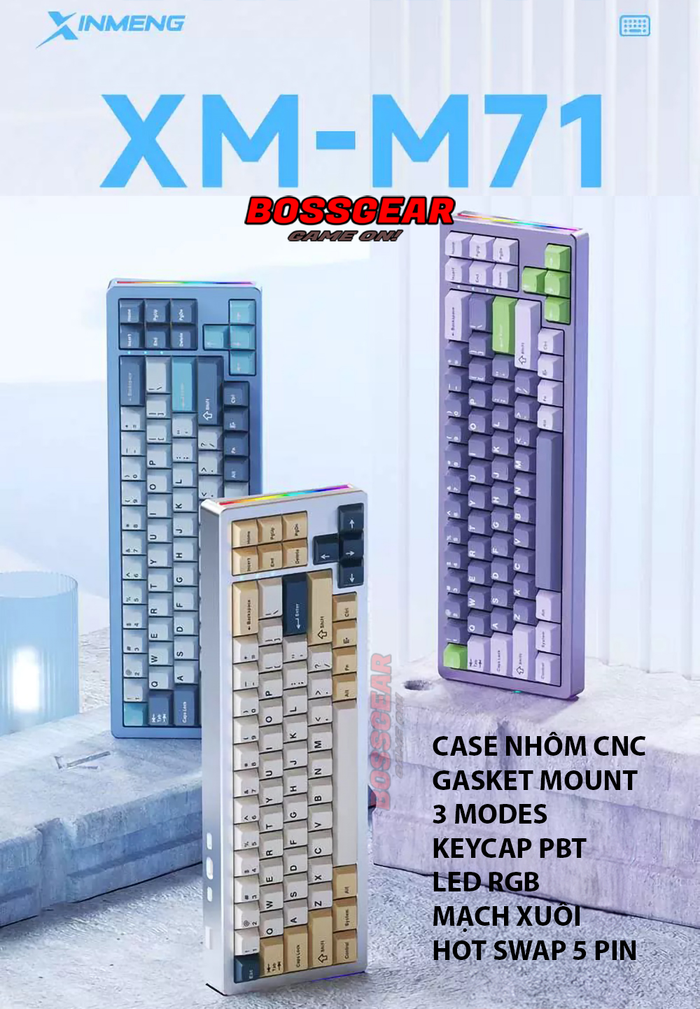 Bàn Phím Cơ Custom Nhôm Nguyên Khối Xinmeng M71, Case Alu, Mạch Xuôi, 3 Modes, Hotswap, Keycap PBT. 1.499.000 ₫  Size Layout : 71 nút. Case CNC nguyên khối từ nhôm 6063. Sơn ANODE mịn màng màu sắc đẹp. Sử dụng cấu trúc Gasket mount nhiều lớp. 3 chế độ kết