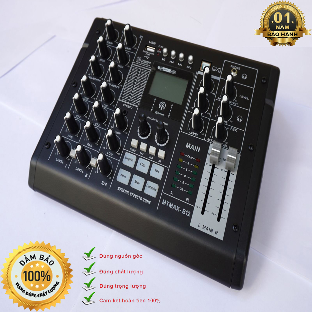 Bàn Mixer Karaoke MTMax B12 Tích hợp 24 hiệu ứng vang số DSP Hỗ trợ kết nối Bluetooth tích hợp nguồn 48V Kết nối Máy tính, Điện thoại thu âm, loa vi tính, Loa kéo, Amply Kết nối Livestream dễ dàng - Bảo hành 1 năm