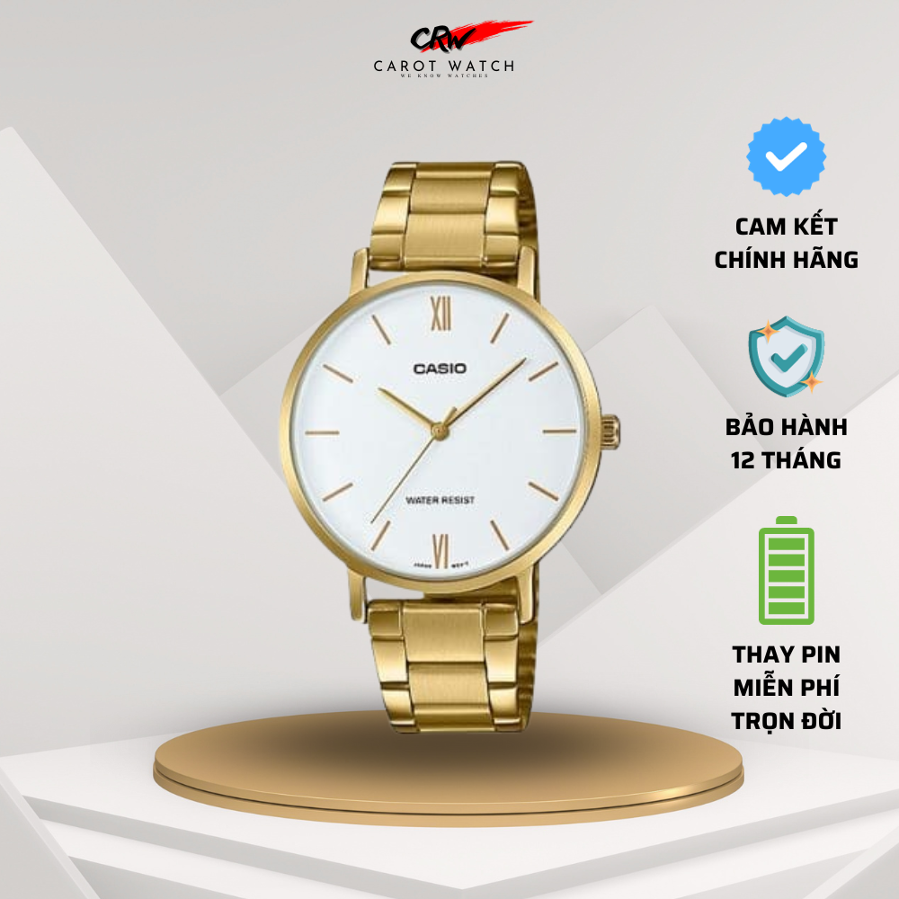Đồng hồ nữ casio vt01g 7b dây kim loại mạ vàng chống nước