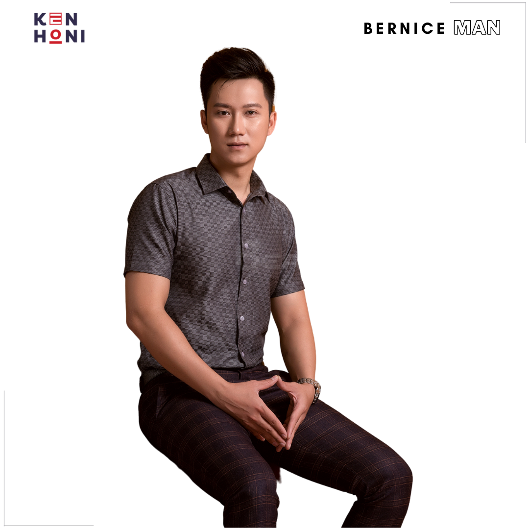 Áo sơ mi nam Cộc tay vuông ghi, áo sơ mi ngắn tay công sở thời trang Hàn BERNICE MAN