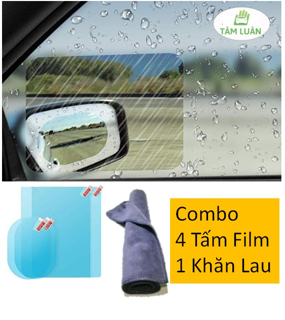 Combo 4 tấm Film chống nước mưa dán kính gương chiếu hậu và khăn microfiber chăm sóc ô tô xe hơi - phụ kiện oto