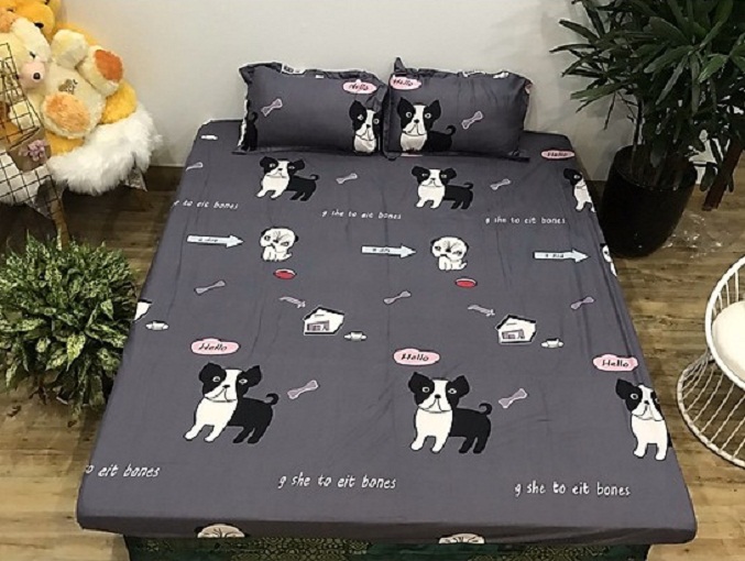 (FreeShip MAX) Bộ Ga Và 2 Áo Gối Cotton Mẫu Chó Đốm