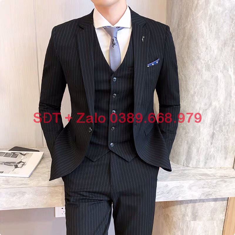 Bộ Vest Nam kẻ sọc màu đen. Bộ suit nam vải xịn dáng ôm.