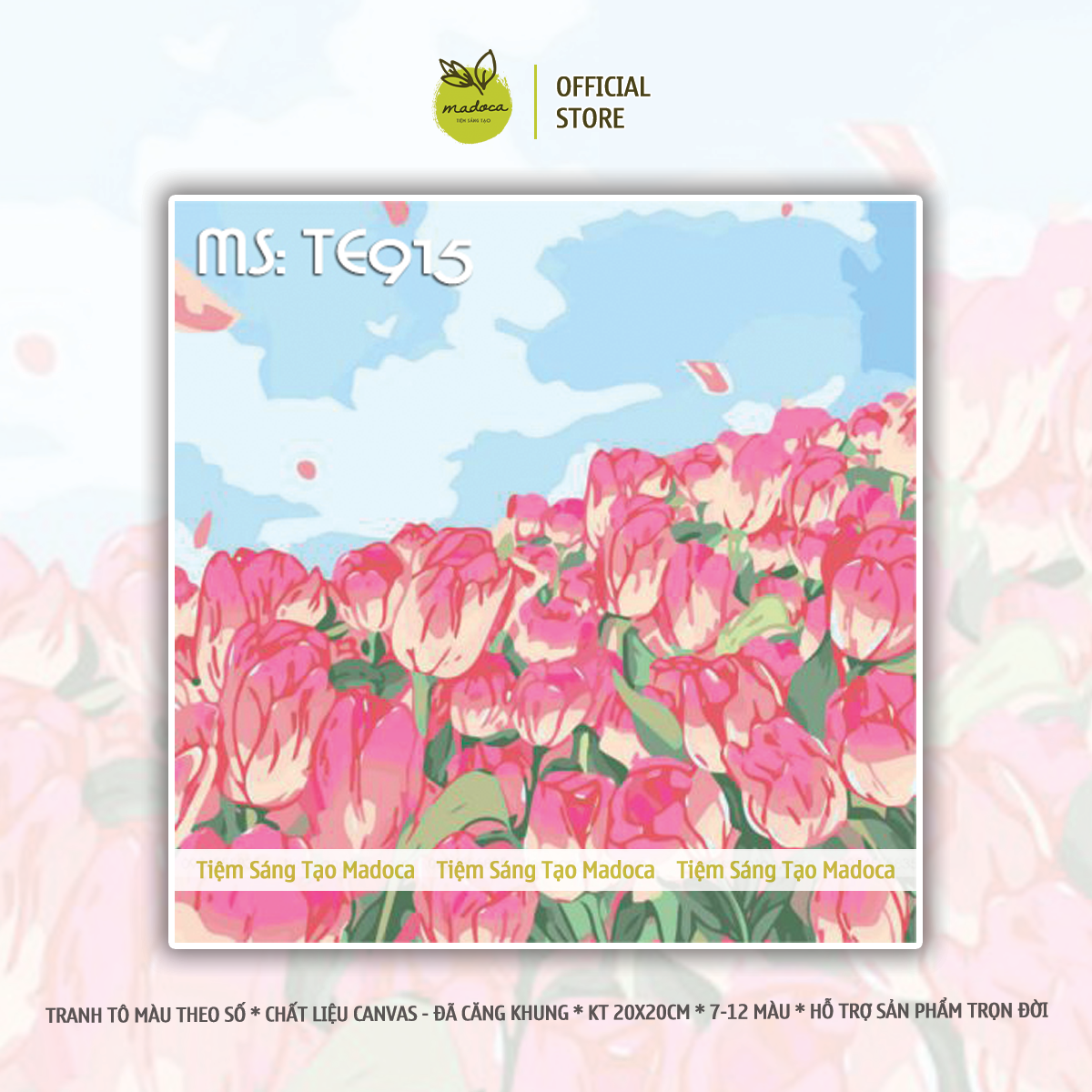 Tranh tô màu theo số, tranh số hóa, tranh tô màu số hóa Madoca kích thước 30x30cm có khung, tulip hồng TE915