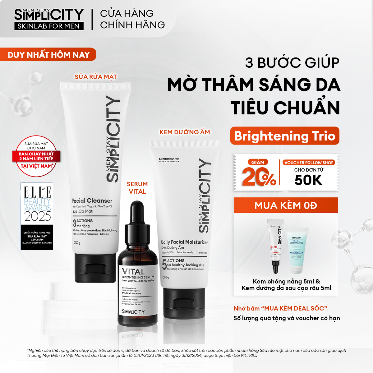 Combo giúp mờ thâm sáng da tiêu chuẩn cho nam Men Stay Simplicity Brightening Trio: Sữa rửa mặt, Serum Vital, Kem dưỡng ẩm